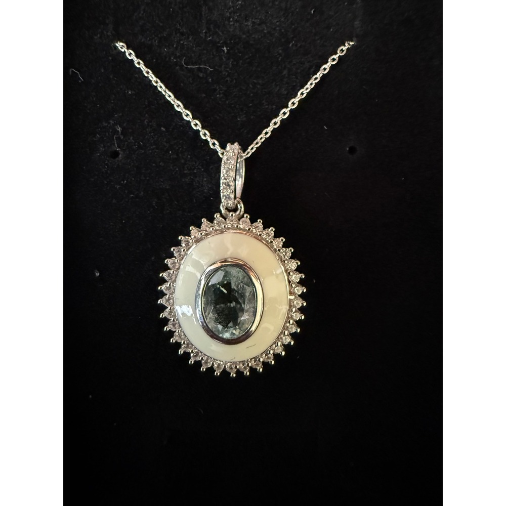 Sterling Silver Aquamarine Enamel Halo Pendant Necklace 925 India